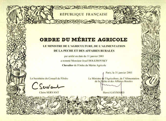 Řád za zásluhy o zemědělství udělený francouzským ministerstvem zemědělství